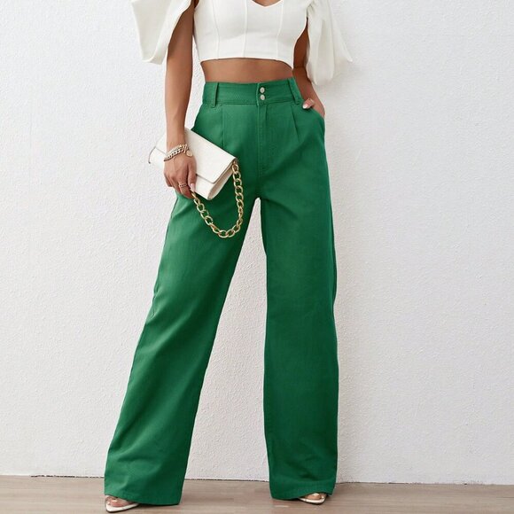 Dark Green Casual Women's High Waist Wide Leg Jeans - Picture 1 of 5